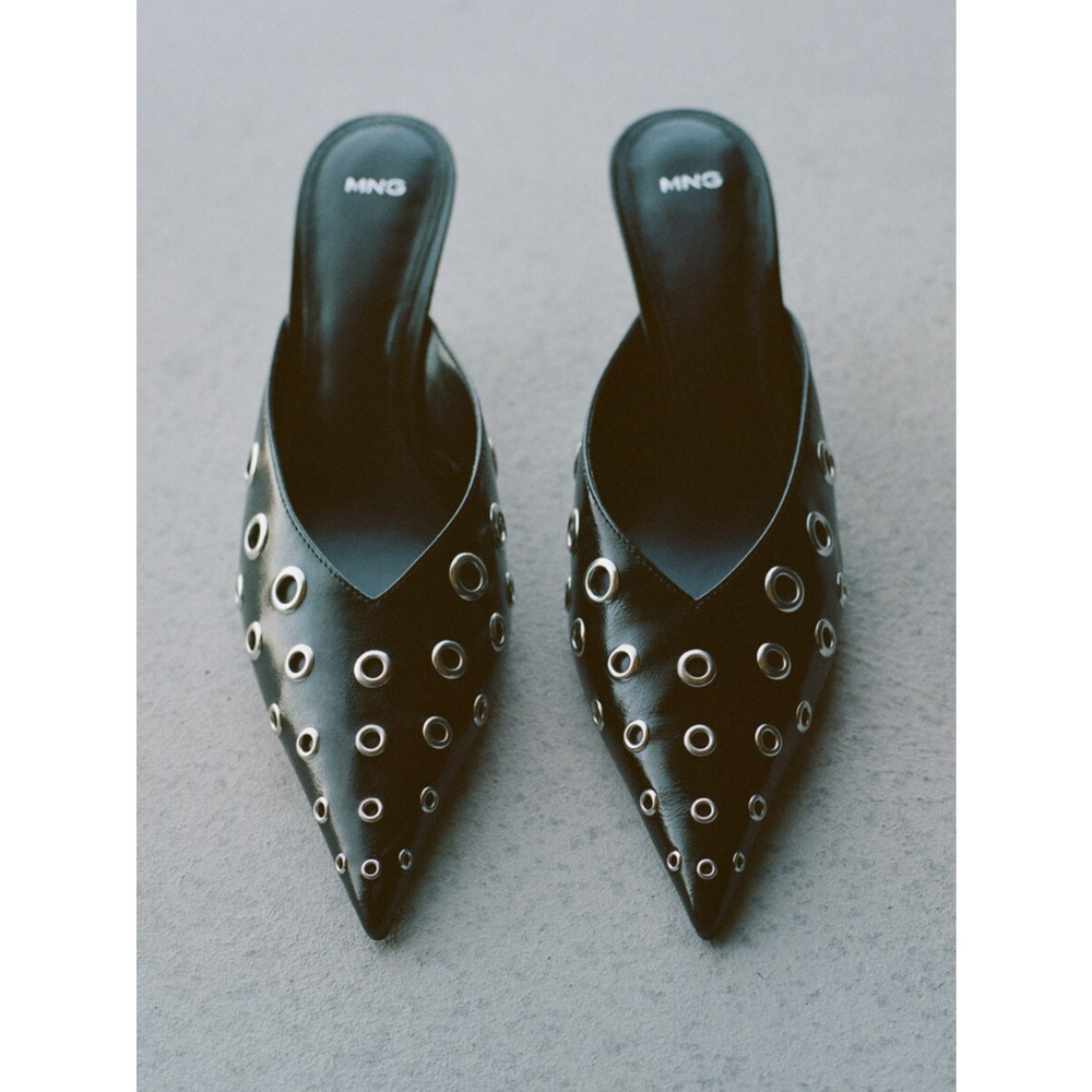 MANGO MNG BLACK EVE EYELET POINTED TOE MULE PUMPS HEELS HEELED SHOES 37 6.5 - Picture 5 of 8